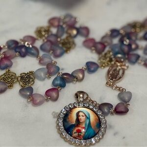Multicolor Heart Bead Necklace with Religious Pendant